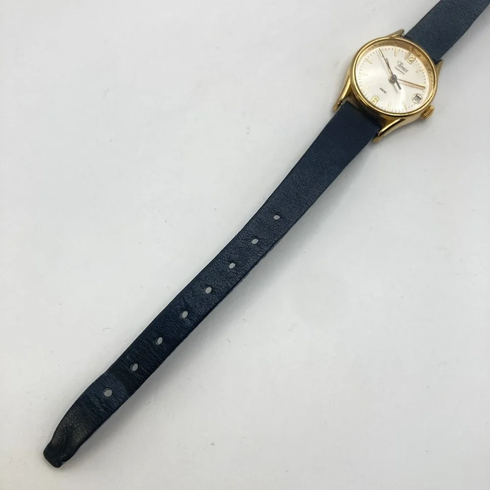 Vintage Timex Womens Watch 22mm Gold Tone Linen Dial Date New Battery SMALL 7.5